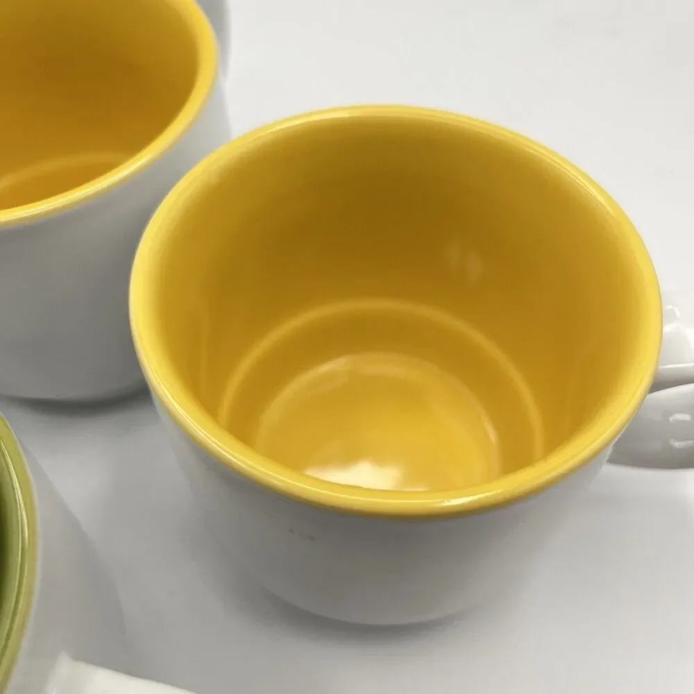 Crate and Barrel Stackable Cups Mugs White with 1 Green and 3 Yellow inside